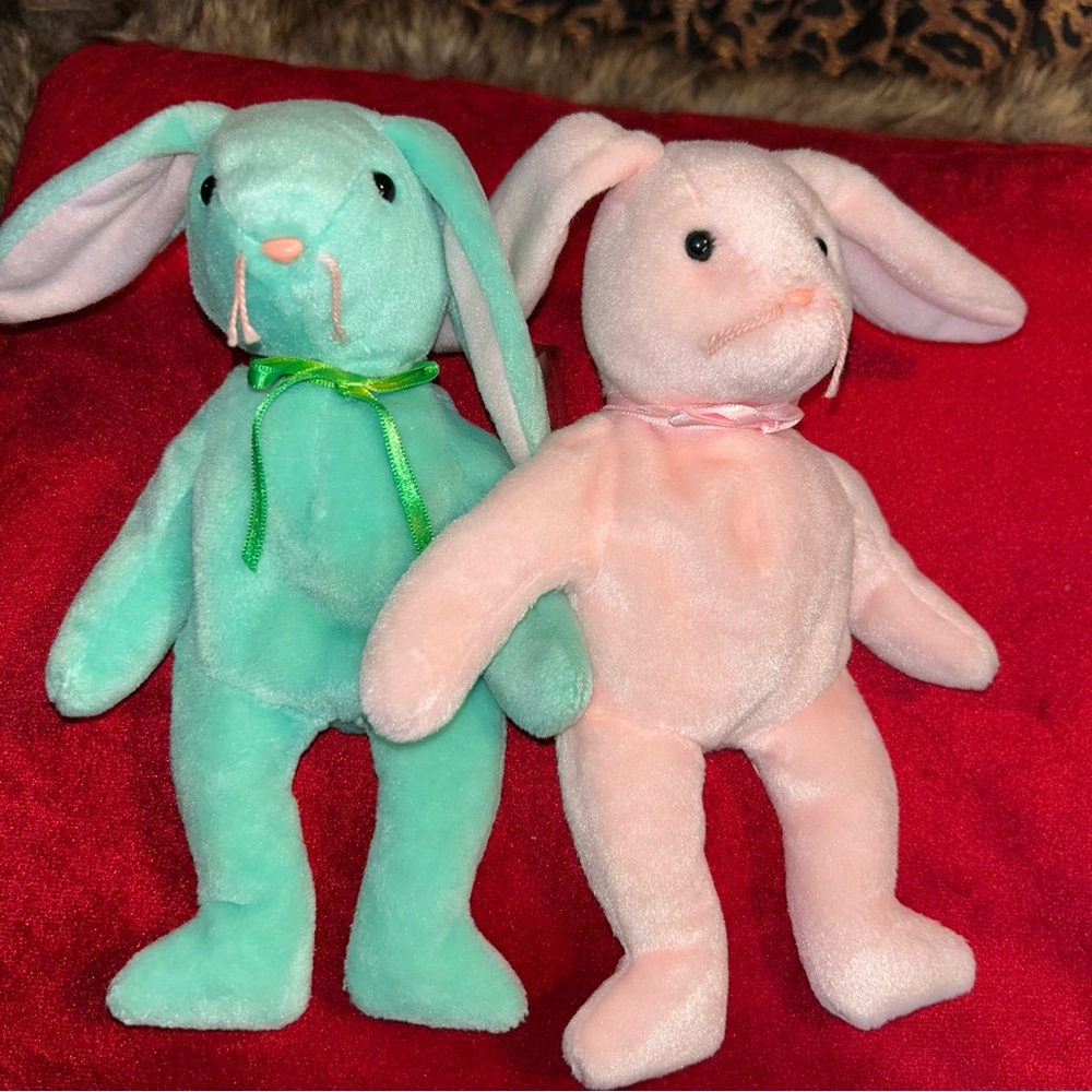 Ty Beanie Baby bunny plush Hippity and Hoppity 1996 pink teal 8.5" READ easter